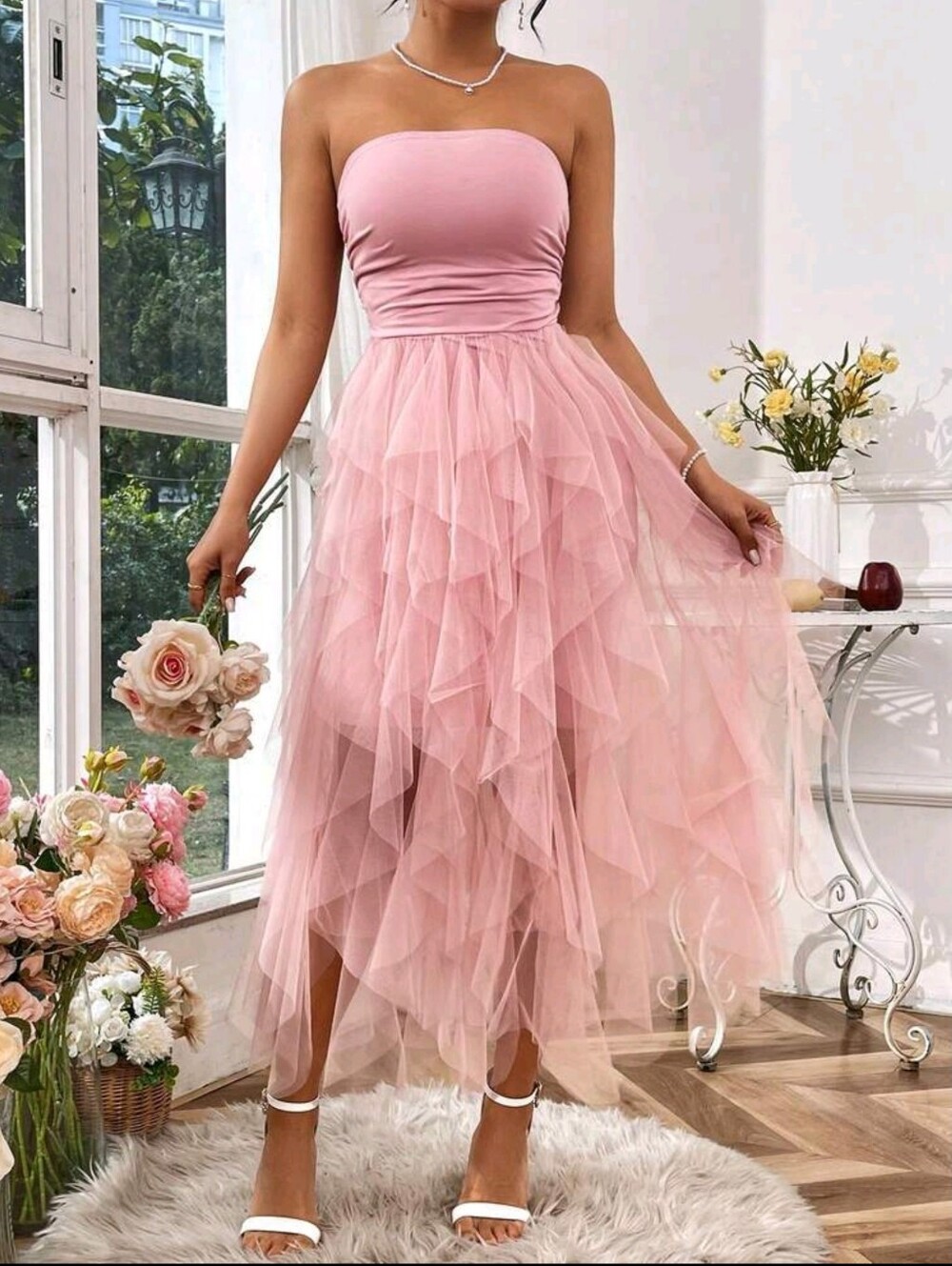 Baby Pink Strapless Mesh Midi Dress For Women Sleeveless Ruched Flared - Picture 5 of 6